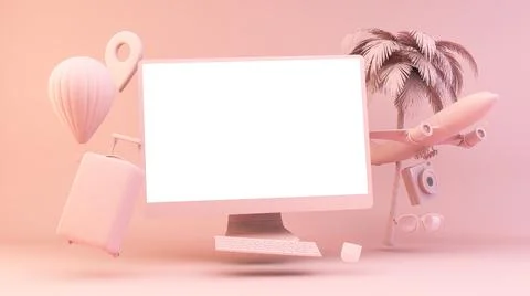 Minimal pink computer with travel elements 스톡 일러스트