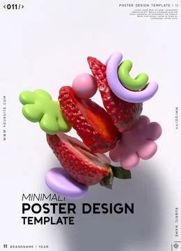 Minimal poster design template with dynamic strawberry cut into slices and re Stock Illustration