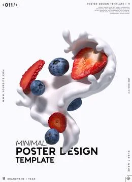 Minimal poster design template with dynamic splashes of white liquid milk y.. Illustrazione stock