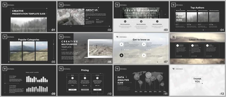 Minimal presentation templates. Simple geometric elements on black background Stock Illustration