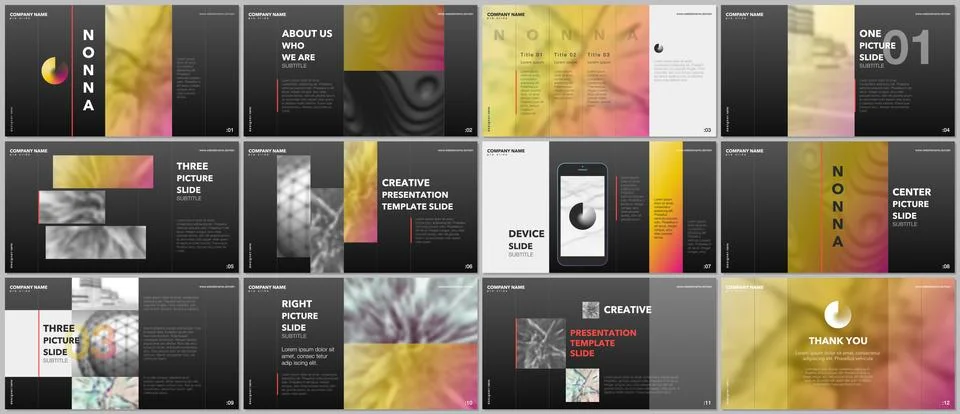Minimal presentations design, portfolio vector templates with elements on black Illustrazione stock