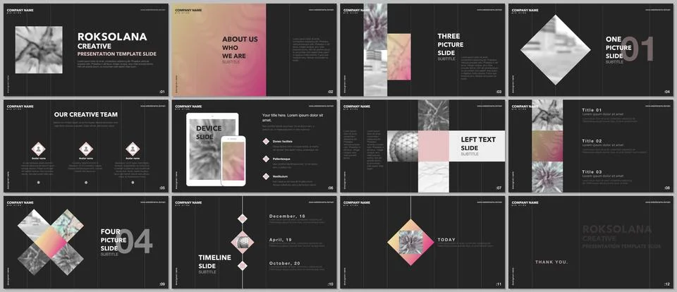 Minimal presentations design, portfolio vector templates with elements on black 스톡 일러스트
