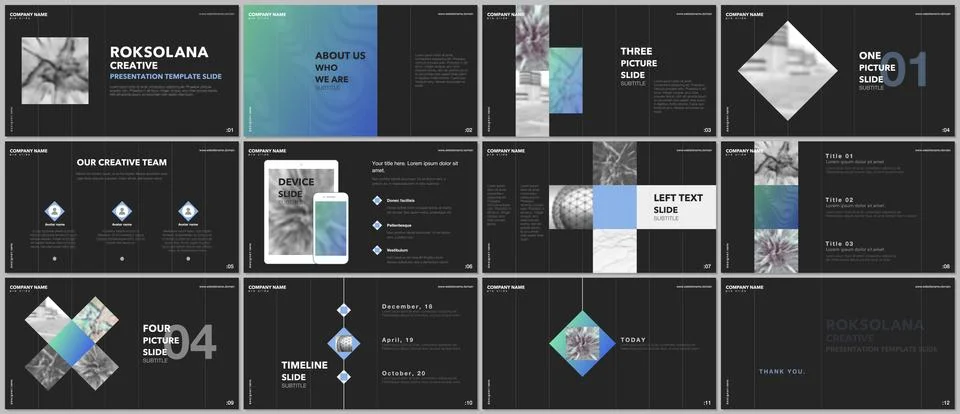 Minimal presentations design, portfolio vector templates with elements on black 스톡 일러스트