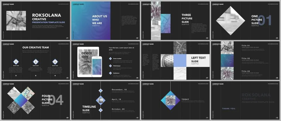 Minimal presentations design, portfolio vector templates with elements on black Stock Illustration