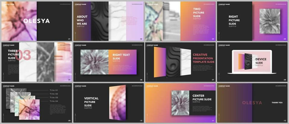 Minimal presentations design, portfolio vector templates with elements on black Stock Illustration