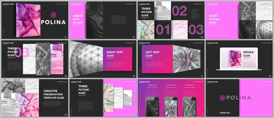 Minimal presentations design, portfolio vector templates with elements on black Stock Illustration