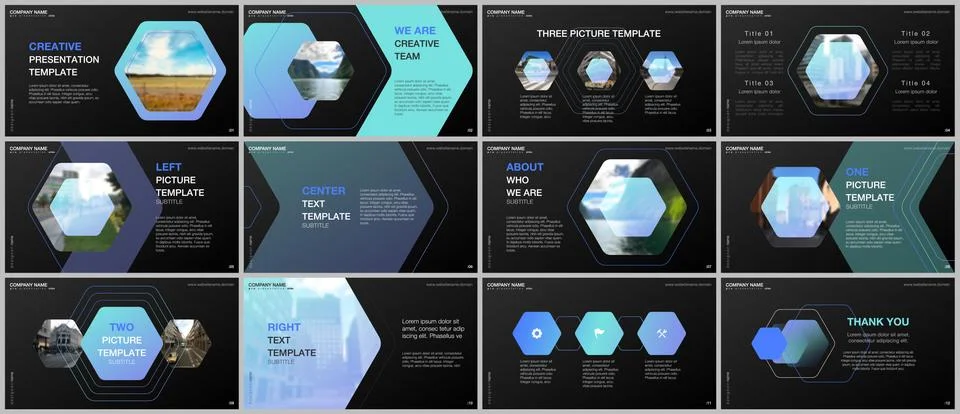 Minimal presentations design, portfolio vector templates with hexagonal design Stock Illustration