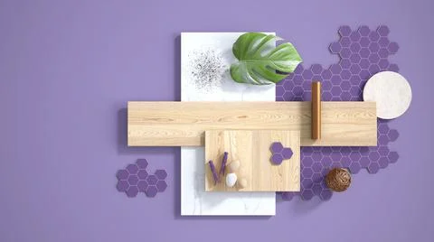 Minimal purple background with copy space, marble slab, wooden planks, cuttin Stock Illustration