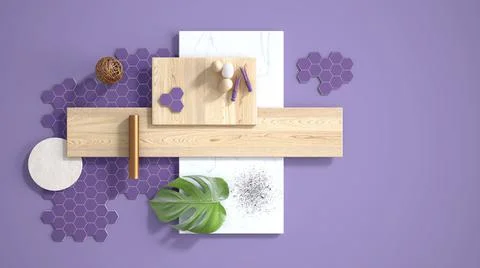 Minimal purple background with copy space, marble slab, wooden planks, cuttin Stock Illustration