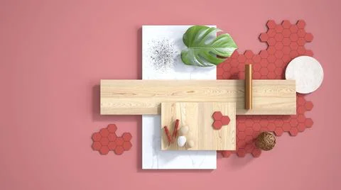 Minimal red background with copy space, marble slab, wooden planks, cutting b Stock Illustration