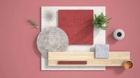 Minimal red background with copy space, marble limestone and granite slabs, w Stock Illustration