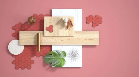 Minimal red background with copy space, marble slab, wooden planks, cutting b Stock Illustration