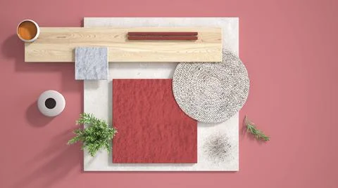 Minimal red background with copy space, marble limestone and granite slabs, w Stock Illustration