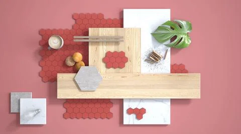 Minimal red background, copy space, marble slab, wooden planks, cutting board Stock Illustration