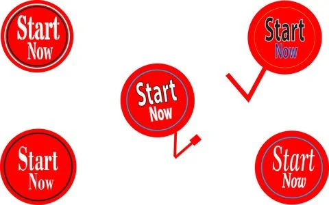 Minimal red circular start now label set with speech bubble and alert icons Stock Illustration