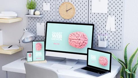 Minimal responsive studio with devices Stock Illustration