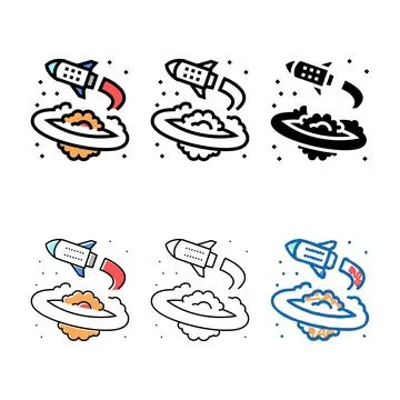 Minimal rocket flying around planet color icon vector Stock Illustration