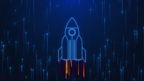 Minimal rocket outline lifting blue streaks and digital rain speed, ambition, pr Stock Footage 340577708