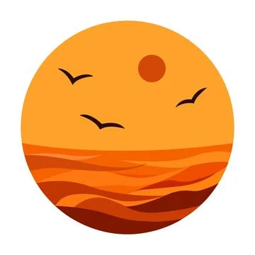 Minimal round icon with sunset over ocean, flying birds and stylized waves in Illustrazione stock