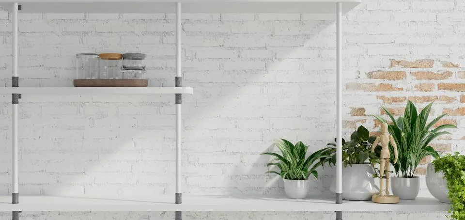 A minimal rustic white brick wall with a modern wall shelf, home decor, and.. Stock Photos