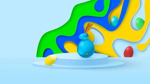 A minimal scene with an Easter bunny and eggs set against a colorful paper cut 스톡 일러스트