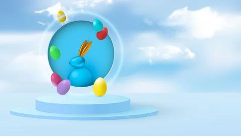 Minimal scene with Easter bunny and eggs on a background of clouds. Cylindrical Stock Illustration