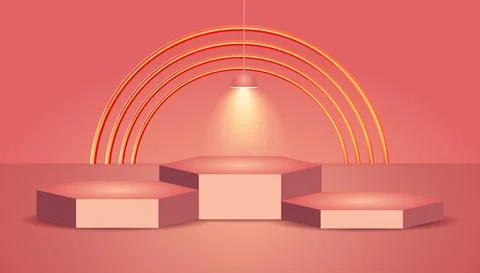A minimal scene with geometrical forms. Hexagonal podium in pink background. Stock Illustration