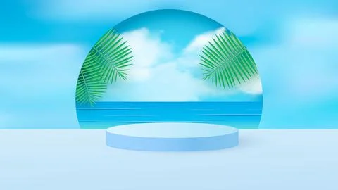 A minimal scene with a light blue cylindrical podium with tropical leaves Stock Illustration