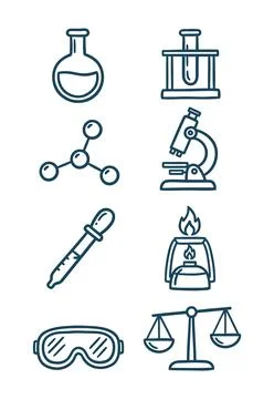 Minimal Science Laboratory Icon Set with Microscope Flask Molecule and Equi.. Illustrazione stock