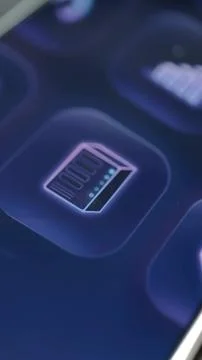 Minimal server rack symbol illuminates on a raised purple smartphone button Stock Photos