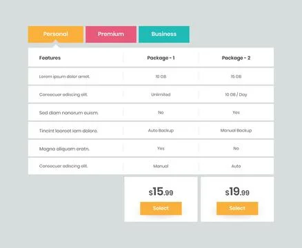 Minimal service subscription pricing comparison table design for website Stock Illustration