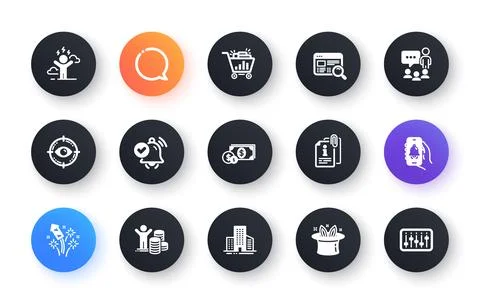 Minimal set of Attached info, Speech bubble and Bell alert flat icons for web Stock Illustration