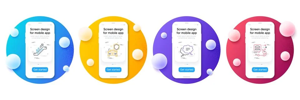 Minimal set of Car secure, Text message and Escalator line icons for web Stock Illustration