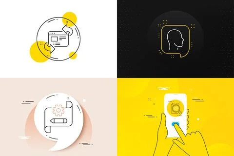 Minimal set of Head, Check article and Cogwheel blueprint line icons. For web イラスト素材