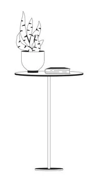 Minimal side table with snake plant and book 2D line object Stock Illustration