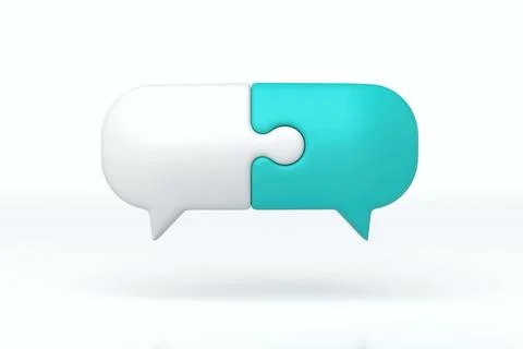 Minimal speech bubble puzzle in white and cyan, showing digital communicati.. Stock-Illustration