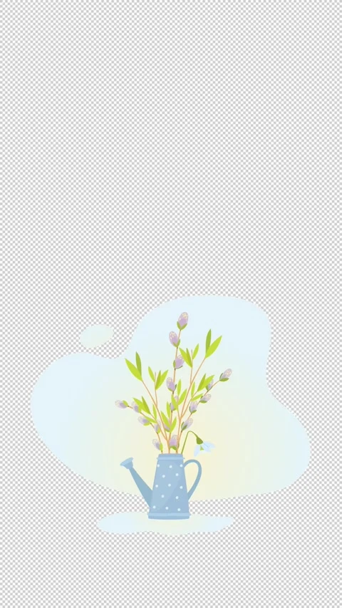Minimal spring illustration of willow branches in a blue watering can. Stock Footage 329247912