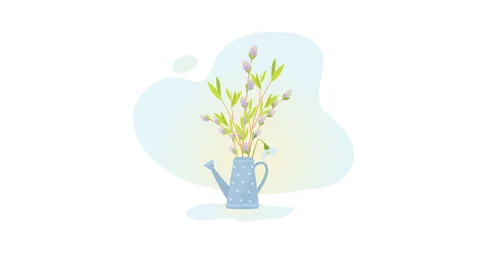 Minimal spring illustration of willow branches in a blue watering can. Gentle Stock Footage 329248058