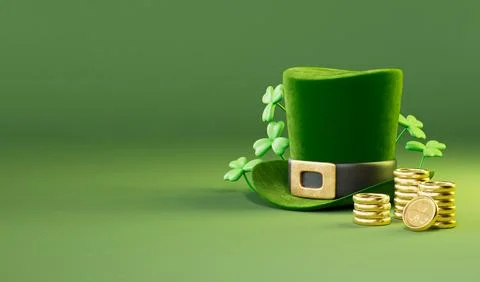 Minimal St Patricks Day scene for banner design with green leprechaun hat, .. Stock Illustration