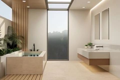 Minimal stone bathtub with panoramic window in modern bathroom Stock Illustration