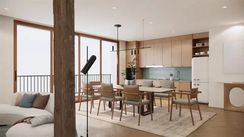 Minimal style dining room interior design, room apartment with balcony view. Stock Footage 241290567