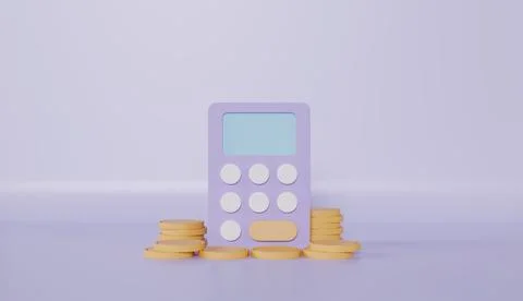 Minimal style math financial calculator with stacking coins on pink background Stock Illustration