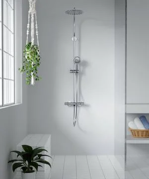Minimal style white bathroom 3d render, white wall and ceramic floor, The room Stock Illustration