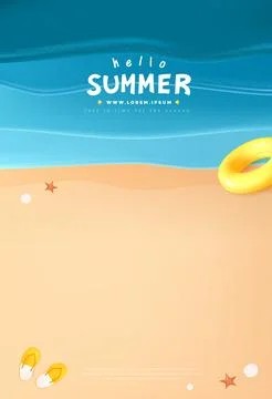 Minimal summer beach poster with soft waves, starfish, sandals, float ring,.. Stock Illustration