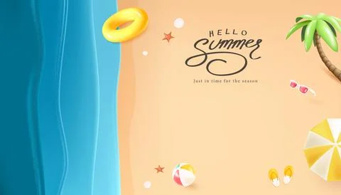 Minimal summer beach poster with soft waves, starfish, sandals, float ring,.. Illustrazione stock