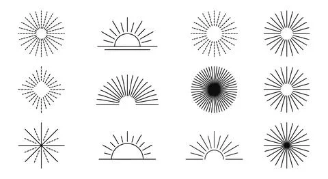 Minimal Sunburst Line Icon Set With Radiating Rays And Sunrise Stock Illustration