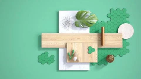 Minimal turquoise background with copy space, marble slab, wooden planks, cut Stock Illustration