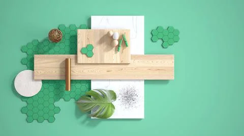 Minimal turquoise background with copy space, marble slab, wooden planks, cut Stock Illustration