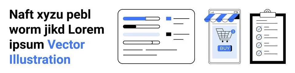 Minimal UI Elements with Text, Graphs, Online Shopping Cart, and Checklist Stock Illustration