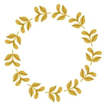 Minimal vector circular wreath made of golden green leaves. Flat botanical Stock Illustration